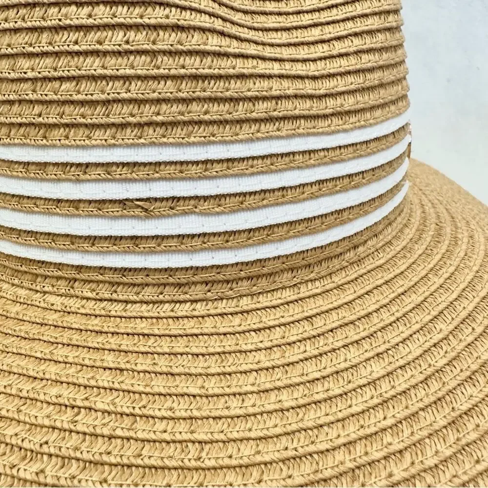 Adrienne Vittadini straw fedora hat in Toast w/ white‎ stripe band One Size NWT